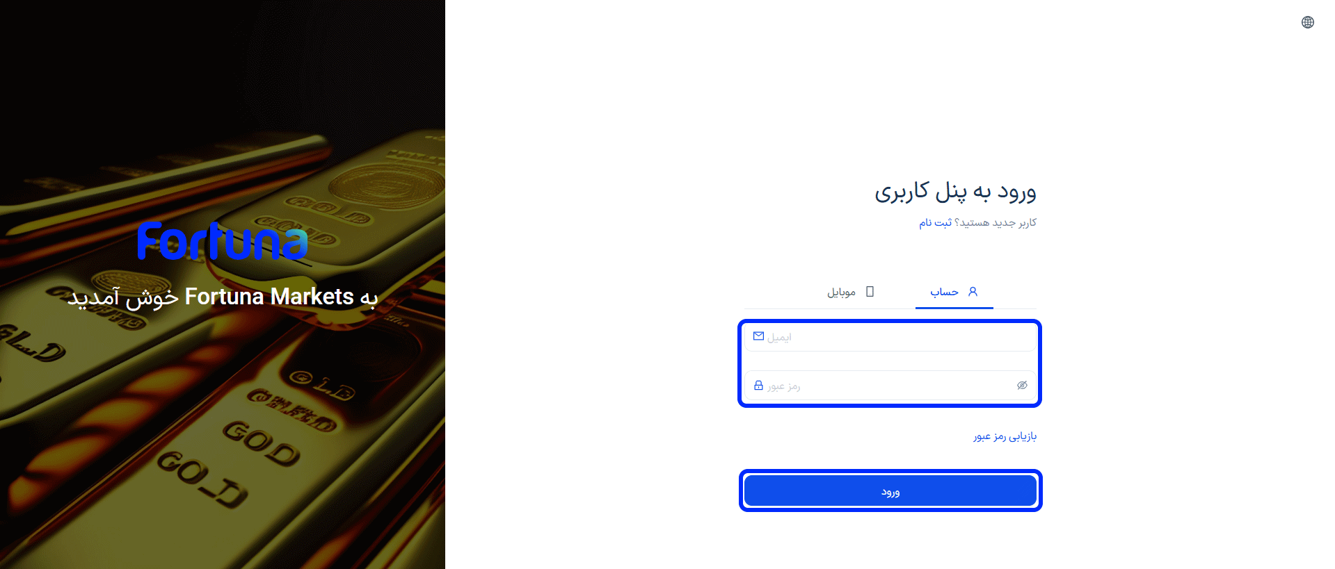 وارد کردن اطلاعات کاربری برای ورود به پنل کاربری فورچونا مارکتس