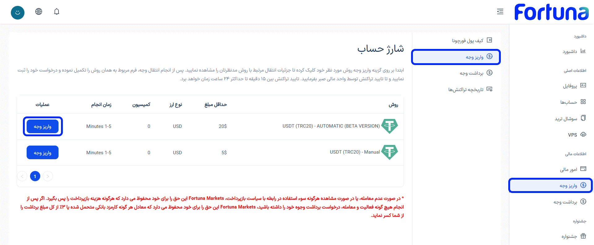 انتخاب روش واریز اتوماتیک برای شارژ کیف پول فورچونا مارکتس