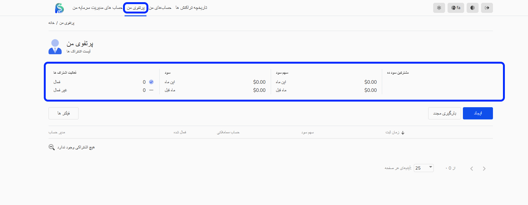 اطلاعات مالی حساب مدیریتی سوشال ترید در بخش "پرتفوی من"